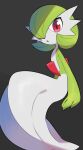  black_background bob_cut colored_skin dress gardevoir green_hair hair_over_one_eye highres looking_at_viewer multicolored_skin nullma open_mouth pink_eyes pokemon pokemon_(creature) simple_background two-tone_skin white_dress white_skin 