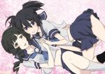  black_hair black_rock_shooter blue_eyes green_eyes holding_hands kidnrk kuroi_mato midriff multiple_girls navel school_uniform serafuku short_twintails smile takanashi_yomi twintails 