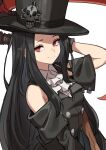  1other absurdres androgynous ascot asymmetrical_sleeves bare_shoulders black_gloves black_hair black_hat gazacy_(dai) gloves guilty_gear hat hat_ornament highres holding holding_scythe long_hair looking_at_viewer other_focus red_eyes scythe simple_background skull smile solo testament_(guilty_gear) top_hat white_ascot white_background 