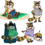 2024 angry anthro belly bottomwear brown_body clothing eyes_closed fictionist12 hi_res male mammal open_mouth procyonid raccoon rascal_(robot_dreams) robot_dreams shirt shorts sitting slightly_chubby smile solo swimwear topwear