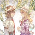  2girls arm_strap black_hat blonde_hair brown_hair bubble center_frills collared_shirt commentary_request dress face-to-face flower frills from_side gensou_aporo hat hat_ribbon highres juliet_sleeves long_hair long_sleeves looking_at_another maribel_hearn mob_cap multiple_girls necktie open_mouth own_hands_together puffy_sleeves purple_dress red_necktie red_ribbon ribbon shirt short_hair signature touhou usami_renko white_hat white_shirt yellow_flower 