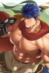  1boy abs bara belt blue_hair brown_belt brown_pants bulge cape closed_mouth fire_emblem fire_emblem:_path_of_radiance green_headband headband highres holding holding_sword holding_weapon ike_(fire_emblem) large_pectorals looking_at_viewer male_focus muscular muscular_male navel nipples pants pectorals red_cape ruisselait short_hair solo sword topless_male weapon 