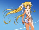  1girl achanpuni adjusting_clothes adjusting_swimsuit ass bikini blonde_hair blue_sky breasts contrail fate_testarossa feet_out_of_frame from_behind hair_ribbon highres long_hair looking_at_viewer looking_back lyrical_nanoha mahou_shoujo_lyrical_nanoha red_eyes ribbon side-tie_bikini_bottom sky small_breasts solo standing swimsuit twintails white_bikini white_ribbon 
