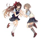  2girls blue_eyes blue_shirt blue_skirt blue_vest bow brown_footwear brown_hair full_body grey_socks hair_bow half_updo jumping loafers long_hair love_live! love_live!_nijigasaki_high_school_idol_club multiple_girls nakasu_kasumi neck_ribbon osaka_shizuku plaid plaid_skirt pleated_skirt red_bow ribbon sapphire_(nine) shirt shoes short_sleeves simple_background skirt socks sweater_vest very_long_hair vest white_background white_socks white_sweater_vest yellow_ribbon 