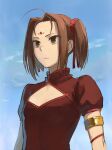  1girl ahoge armlet b_suke brown_dress brown_eyes brown_hair china_dress chinese_clothes cleavage_cutout closed_mouth clothing_cutout dress expressionless facial_mark fate/grand_order fate_(series) flat_chest forehead_mark hair_ornament hair_scrunchie highres looking_ahead nezha_(fate) red_scrunchie scrunchie short_hair sidelocks sky solo twintails upper_body 