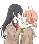  2girls ahoge black_hair blush bow bowtie brown_eyes brown_shirt commentary_request eye_contact food from_side grey_eyes hand_on_another&#039;s_face highres koito_yuu long_hair long_sleeves looking_at_another multiple_girls nanami_touko nemu1423 orange_hair pocky pocky_kiss profile red_bow red_bowtie sailor_collar school_uniform serafuku shirt short_twintails simple_background tohmi_higashi_high_school_uniform twintails upper_body white_background white_sailor_collar yagate_kimi_ni_naru yellow_bow yellow_bowtie yuri 