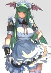  1girl absurdres alternate_costume ap_cammy apron bat_wings breasts collar commentary cowboy_shot demon_girl demon_wings enmaided frills garter_straps gloves green_eyes green_hair grey_background hand_on_own_hip head_wings highres large_breasts long_hair looking_to_the_side maid maid_apron maid_headdress morrigan_aensland puffy_short_sleeves puffy_sleeves red_ribbon ribbon short_sleeves sidelocks simple_background skindentation sweatdrop thighhighs vampire_(game) very_long_hair white_gloves wings wrist_cuffs 