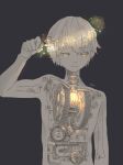 1boy android arm_up cat crank eveyeil eyelashes frown gauge gears glowing grey_background highres light_bulb limited_palette looking_down male_focus mechanical_parts original short_hair skeleton sparkle star_(sky) x-ray yellow_eyes 