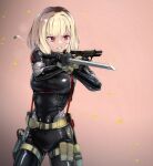  1girl aiming black_bodysuit blonde_hair bodysuit breasts finger_on_trigger glock gun handgun highres holding holding_gun holding_weapon holster latex latex_bodysuit medium_breasts ninja ninjatou original parazan_d red_eyes shell_casing short_hair short_sword skin_tight solo sweat sword thigh_holster weapon 