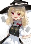  100th_black_market 1girl apron blonde_hair borrowed_character bow braid card doodles hair_bow hat hat_bow highres kirisame_marisa long_hair ramochi red_eyes single_braid touhou upper_body waist_apron white_background white_bow witch_hat 