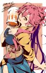  1girl alcohol beer beer_mug border breasts cleavage_cutout clothing_cutout cup dated double-parted_bangs eiyuu_densetsu hair_between_eyes highres holding holding_cup jacket large_breasts long_hair looking_at_viewer mug one_eye_closed orange_background ponytail sara_valestein sen_no_kiseki signature simple_background sleeves_rolled_up smile solo tinybiard twitter_username white_border yellow_eyes 