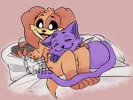 anthro blush canid canine canis catnap_(poppy_playtime) dogday_(poppy_playtime) domestic_cat domestic_dog duo eyes_closed felid feline felis hi_res holding_object lying lying_on_another male mammal mob_entertainment on_back open_mouth pillow pixel_chills poppy_playtime smile smiling_critters tongue