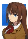  1girl aozaki_aoko b_suke blue_eyes bow bowtie breasts brown_hair brown_jacket closed_mouth collared_shirt highres jacket long_hair looking_at_viewer mahou_tsukai_no_yoru medium_breasts portrait red_bow red_bowtie school_uniform shirt sidelocks simple_background smile solo white_shirt 