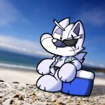 aloha_shirt anthro beach canid canine canis clothing cooler hi_res male male/male mammal nintendo pattern_clothing pattern_shirt pattern_topwear photo_background photography_(artwork) saturn_space_04 shirt solo speedo star_fox swimwear topwear wolf wolf_o&#039;donnell