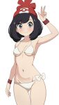  1girl absurdres beanie bikini black_hair breasts brown_wristband cowboy_shot grey_eyes groin hat highres looking_at_viewer mnkr98 navel pokemon pokemon_sm selene_(pokemon) short_hair small_breasts solo swimsuit v white_bikini 