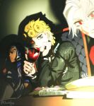  3boys alcohol artist_name black_jacket chair character_request cup deviidog0 drinking_glass food giorno_giovanna green_background guido_mista hand_on_own_cheek hand_on_own_face hands_up head_rest highres holding holding_cup indoors jacket jojo_no_kimyou_na_bouken knife long_hair long_sleeves looking_at_viewer male_focus multiple_boys photo_(object) plate red-eye_effect red_eyes red_wine table twitter_username upper_body vento_aureo white_hair wine wine_glass 