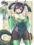  1girl absurdres adapted_costume ass back black_pantyhose blue_eyes blue_hair blush border breasts chinese_zodiac cleavage_cutout clothing_cutout cowboy_shot dragon_girl dragon_horns dragon_tail green_background green_leg_warmers green_leotard hair_ribbon highres horns kantai_collection large_breasts leg_warmers leotard looking_at_viewer open_mouth pantyhose playboy_bunny ribbon short_hair souryuu_(kancolle) tail thrux twintails white_border year_of_the_dragon 