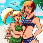  3girls absurdres artist_name beach bikini body_freckles bow bracelet braid breasts cat_hair_ornament cleavage danganronpa_(series) danganronpa_2:_goodbye_despair freckles frilled_bikini frilled_skirt frills front-tie_bikini_top front-tie_top green_bikini hair_bow hair_ornament hand_on_own_hip highres huyandere jewelry koizumi_mahiru long_hair medium_breasts miniskirt multiple_girls navel ocean open_mouth own_hands_together pink_bikini polka_dot polka_dot_bikini ponytail round_teeth saionji_hiyoko short_hair signature skirt smile sonia_nevermind swimsuit teeth twintails very_long_hair 