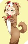  1girl absurdres alternate_costume animal_costume animal_hands animal_hood blonde_hair blush bow bowtie dog_costume dog_hood dog_tail gloves hands_up highres hood hood_up idolmaster idolmaster_cinderella_girls looking_at_viewer mrhunking paw_gloves red_bow red_bowtie sakurai_momoka simple_background smile solo tail 