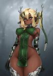  1girl antlers barbariank bare_shoulders black_gloves blonde_hair breast_bondage breasts commentary covered_nipples cowboy_shot dark-skinned_female dark_skin dryad elbow_gloves english_commentary eyes_visible_through_hair freckles gloves green_eyes green_ribbon hair_between_eyes hair_ribbon highres horns large_breasts long_hair long_pointy_ears monster_girl original pelvic_curtain plant_girl pointy_ears revealing_clothes ribbon rope solo symbol-shaped_pupils thick_eyebrows thick_thighs thighs wide_hips 