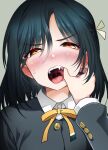  1girl 1other black_hair blush commentary_request fangs hair_ribbon hand_on_another&#039;s_mouth looking_at_viewer love_live! love_live!_nijigasaki_high_school_idol_club medium_hair mifune_shioriko neck_ribbon open_mouth portrait pov pov_hands ribbon school_uniform solo_focus sumeragi_hamao sweatdrop teeth tongue upper_body uvula yellow_eyes yellow_ribbon 