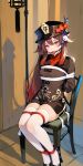  ai-generated ball ball_gag bound bound_ankles bound_legs brown_hair chair gag gagged hat high_heels highres hu_tao_(genshin_impact) long_sleeves non-web_source red_eyes restrained rope shorts sitting thighhighs thighs twintails 
