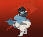 2023 anthro barefoot black_hair breasts digitigrade feet female hair highlights_(coloring) holding_scythe jason_markova overweight overweight_female purple_highlights red_background robertge simple_background solo standing