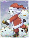  2018 alternate_species ambiguous_gender anthro bell boots border caprine christmas christmas_lights clothing coat costume detailed_background digital_media_(artwork) eyes_closed floppy_ears footwear glowing goat hair hat holidays mammal mittens motion_lines outside pants petite-pumpkin protagonist_(undertale) red_clothing santa_claus santa_costume santa_hat smile snow snowing snowman solo sparkle undertale video_games walking white_border white_clothing white_hair winter young 