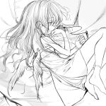  1girl bare_shoulders dress feathered_wings greyscale highres kaede_(shijie_heping) long_hair lying monochrome on_side original pillow profile sketch socks solo wings 