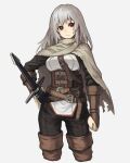  1girl belt belt_buckle black_pants boots breasts brown_belt brown_footwear brown_gloves buckle character_request clenched_hand cloak closed_mouth cropped_legs fingerless_gloves gloves grey_cloak highres janoukyo19 large_breasts long_hair medium_breasts multiple_belts pants red_eyes scabbard sheath simple_background solo sword thigh_boots torn_cloak torn_clothes weapon white_background white_cloak white_hair 