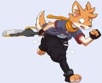 2024 anomaly_collapse anthro bottomwear canid canine canis chaptude clothing diaper domestic_dog fur glitch_(anomaly_collapse) hi_res mammal melee_weapon pants running scarf shiba_inu shocked simple_background solo spitz sword tuft weapon yellow_body yellow_fur