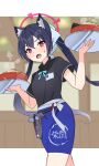  1girl animal_ear_fluff animal_ears black_shirt blue_archive blue_hair blue_skirt blurry blurry_background bowl breasts cat_ears cat_girl cowboy_shot dark_blue_hair fang food gun halo hidaka_ui highres holding holding_tray holster holstered id_card indoors letterboxed long_hair looking_at_viewer miniskirt neck_ribbon open_mouth outside_border red_eyes ribbon serika_(blue_archive) shirt short_sleeves skin_fang skirt small_breasts solo standing steam sweat thigh_holster tray twintails waitress weapon 