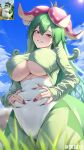  1girl artist_name belly belly_grab bilibili_username blue_sky blurry blurry_foreground blush breasts cleavage clothing_cutout cloud covered_navel cowboy_shot creature_and_personification cropped_shirt dinossom grass green_hair green_pantyhose greyfish13 grin hair_between_eyes highres large_breasts leotard long_hair long_sleeves looking_at_viewer muffin_top nail_polish palworld pantyhose parted_lips personification plump red_eyes red_nails reference_inset sky slit_pupils smile solo underboob underboob_cutout white_leotard 