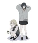  2girls absurdres arima_haruka arms_up black_eyes black_footwear black_hair black_skirt blonde_hair brown_necktie closed_mouth collared_shirt commentary_request drawstring expressionless full_body grey_hoodie grey_sweater_vest hair_ornament hairclip head_rest highres holding hood hoodie leg_warmers long_hair long_sleeves looking_at_viewer looking_back miniskirt multiple_girls necktie pleated_skirt sazanami_no_shoujo-tachi shirt shoes short_hair signature simple_background skirt soma_michiko squatting standing sweater_vest toratani_rin white_background white_leg_warmers white_shirt yellow_eyes 