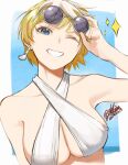  1girl adjusting_eyewear blonde_hair blue_eyes breasts dated earrings hand_on_eyewear izumo_tenka jewelry large_breasts looking_at_viewer mato_seihei_no_slave one_eye_closed saikiseiya signature single_earring smile solo sunglasses 