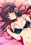  1girl absurdres azur_lane bare_shoulders black_hair blue_bra blue_eyes blush bra breasts closed_mouth collarbone from_above headphones highres lace-trimmed_bra lace_trim lingerie long_hair long_island_(azur_lane) looking_at_viewer lying manjuu_(azur_lane) medium_breasts navel on_back on_bed origami_aya signature smile solo stomach underwear 