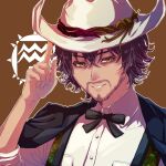  1boy 24mbb bow bowtie brown_eyes brown_hair character_name cowboy_hat dark_skin gnosia hat jonas_(gnosia) long_sleeves looking_at_viewer male_focus parted_lips short_hair signature smile solo tan 