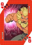 abs angry anthro bandai_namco blonde_hair blue_eyes card clothed clothing digimon digimon_(species) hair hi_res leomon male muscular muscular_anthro muscular_male nipples pecs playing_card punch roaringmoon solo suit_symbol topless