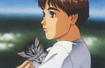  1990s_(style) 1girl artist_request blue_eyes blurry blurry_background carrying cat closed_eyes holding izumi_noa key_visual kidou_keisatsu_patlabor official_art pet promotional_art red_hair retro_artstyle scan short_hair sleeping traditional_media 