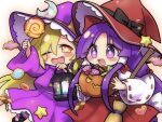  2girls black_bow blonde_hair blush bow broom candy chocolate cookie crescent dress food hair_bow hair_tubes hakama hakurei_reimu hakurei_reimu_(pc-98) halloween hat hat_bow heart-shaped_cookie holding holding_candy holding_food holding_lamp holding_lollipop jack-o&#039;-lantern japanese_clothes kirisame_marisa kirisame_marisa_(pc-98) lollipop long_hair long_sleeves miko mochi547 multiple_girls one_eye_closed open_mouth purple_eyes purple_hair purple_hat purple_shirt purple_skirt red_bow red_hakama red_hat ribbon-trimmed_sleeves ribbon_trim shirt skirt smile star-shaped_pupils star_(symbol) symbol-shaped_pupils touhou touhou_(pc-98) very_long_hair wide_sleeves witch_hat yellow_eyes 