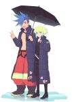  2boys abs absurdres androgynous artist_name belt black_belt blue_eyes blue_hair boots buzz_cut character_name commentary_request firefighter full_body galo_thymos green_hair highres holding holding_umbrella jacket kome_1022 lio_fotia looking_at_viewer male_focus multicolored_eyes multiple_boys open_clothes open_jacket open_mouth orange_eyes pants promare purple_eyes rabbit red_pants shiba_inu short_hair sidelocks simple_background smile sticker umbrella v very_short_hair white_background 