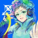  1other 24mbb androgynous blue_eyes blue_hair facepaint facial_mark feathers forehead_mark gnosia green_eyes green_hair headphones long_hair long_sleeves looking_at_viewer makeup multicolored_hair other_focus raqio short_hair simple_background solo streaked_hair tattoo upper_body 