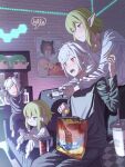  2boys 2girls alternate_universe bag_of_chips bell_cranel blush brother_and_sister can chips_(food) controller drink_can dungeon_ni_deai_wo_motomeru_no_wa_machigatteiru_darou_ka father_and_daughter father_and_son food game_controller highres holding holding_controller holding_game_controller if_they_mated mother_and_daughter mother_and_son multiple_boys multiple_girls niceumeboshi playing_games potato_chips pout red_bull ryu_lion siblings snack soda_can 