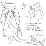 4_ears 4_eyes anthro boat clothing felid feline female fishing fishing_rod hair hi_res long_hair long_tail mammal model_sheet mouth_covered multi_ear multi_eye paws side_view sigh sketch solo standing tail tateoftot text vehicle watercraft whiskers