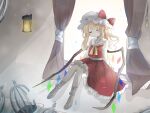  1girl ascot bat_wings blonde_hair cage closed_eyes crystal curtains flandre_scarlet full_body hat hat_ribbon highres lamp mob_cap multicolored_wings one_side_up puffy_short_sleeves puffy_sleeves ramochi red_skirt red_vest ribbon short_sleeves side_ponytail sitting skirt skirt_set solo touhou vest white_hat window wings yellow_ascot 