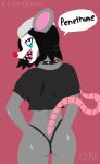 1ce_h00ves anthro black_clothing black_hair choker clothing clown_makeup el_uriel female fur grey_body grey_fur hair humanoid jewelry looking_at_viewer mammal murid murine necklace rat rear_view rodent simple_background solo youtuber