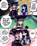  2girls black_hair blush disney_princess english_text grs- hat highres holding_hands long_hair looking_at_mirror mirror multiple_girls pointy_ears purple_hair snow_white_(disney) snow_white_and_the_seven_dwarfs speech_bubble witch witch_hat yuri 