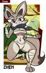 absurd_res anthro big_tail breasts canid canine cleavage clothed clothing corsac_fox dreamworks ear_piercing female fox fur grey_body grey_fur hi_res kung_fu_panda mammal orange_eyes panties piercing solo sparksaxel tail thick_thighs true_fox underwear wraps zhen_(kung_fu_panda)