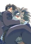 anthro belt blush canid canine canis carrying_another chubby_protagonist_(tas) clothing cuddlign domestic_dog duo embarrassed eyebrows hair hi_res hug human kusarikakemono lifewonders male male/male mammal overweight ponytail princess_carry protagonist_(tas) scar school_uniform shino_(tas) thick_eyebrows tokyo_afterschool_summoners uniform