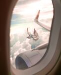  aircraft airplane brown_cape brown_skirt brown_wings cape cloud cloudy_sky flailing flying highres hololive hololive_english horizon jet_engine nanashi_mumei outdoors plane_window pov rurung_ji skirt sky virtual_youtuber window wings 